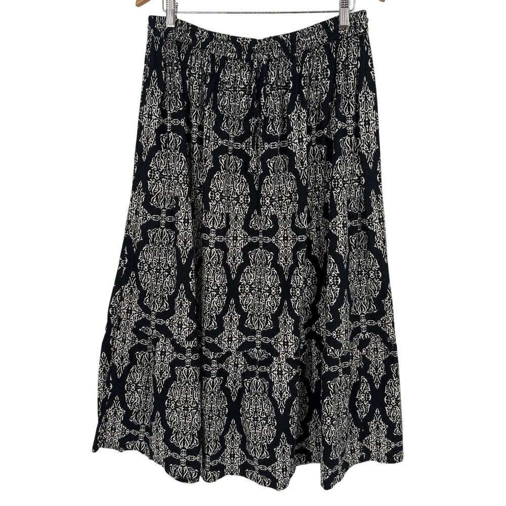 Vintage Bohemian Chic Pull On Midi Skirt SZ XL Cotton Black Cream Print Tiered